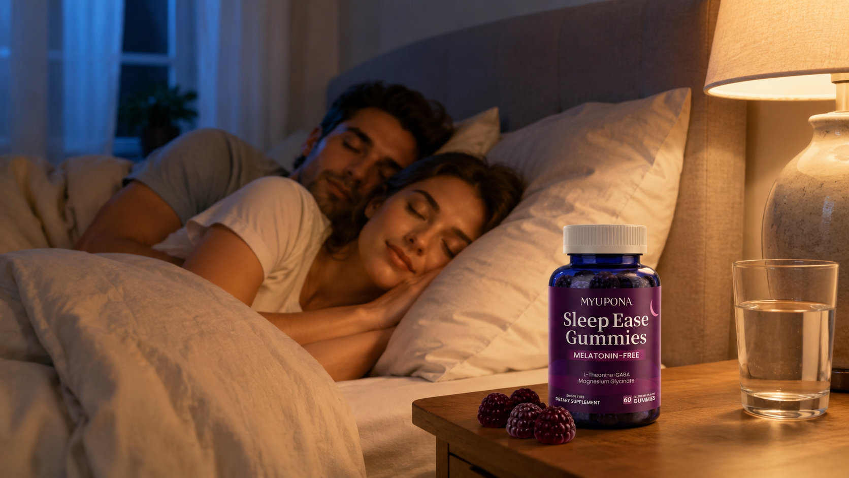 Couple sleeping peacefully in a calm bedroom with MYUPONA Sleep Ease Gummies on the bedside table