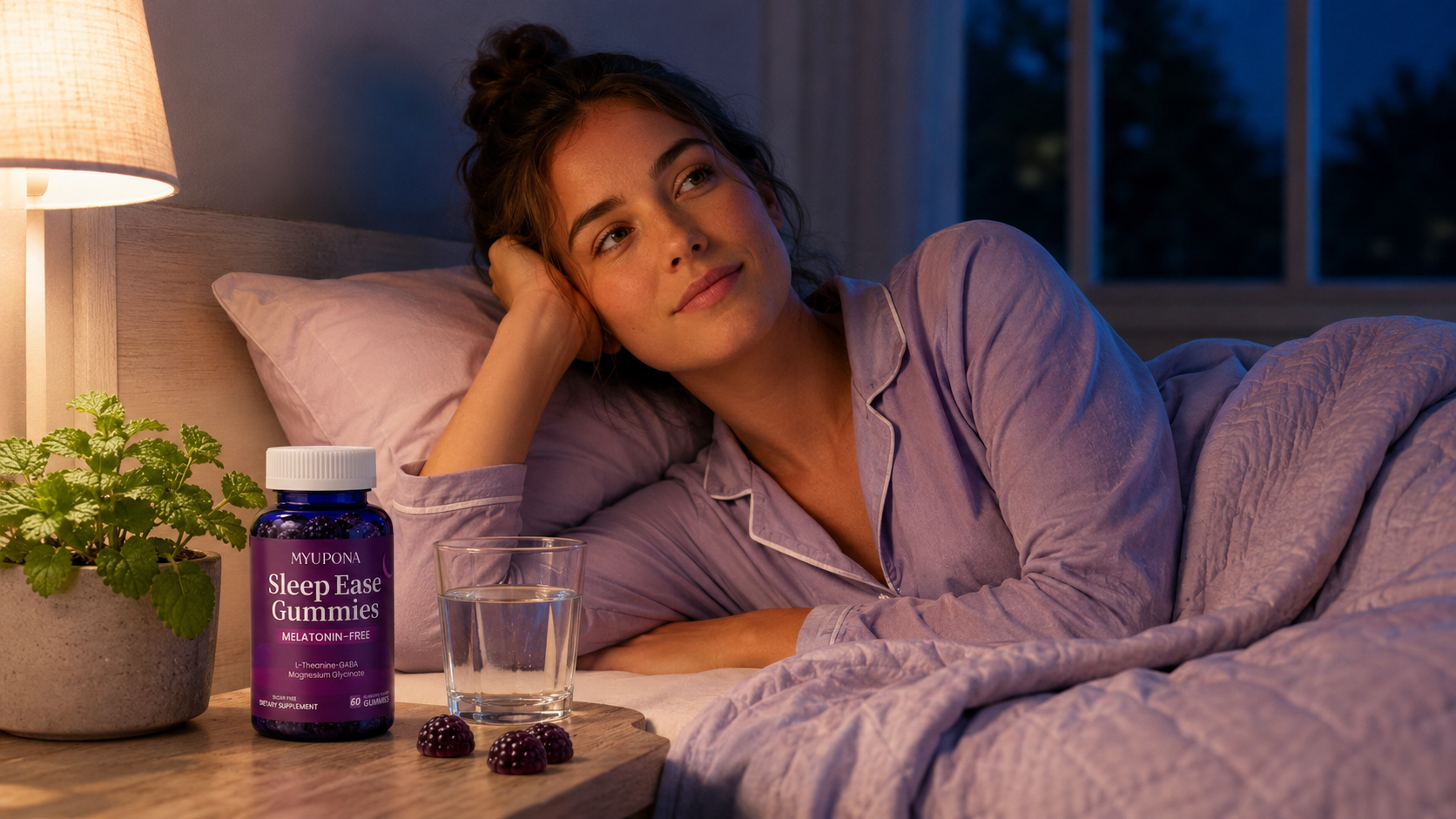 Woman winding down before bed with MYUPONA Sleep Ease Gummies and lemon balm sleep support
